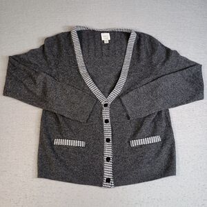 Maeve Anthropologie Cashmere V-Neck Large Houndstooth Trim Cardigan Sweater
